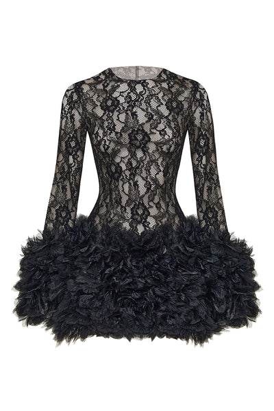 black lace dress with flowers Cecilia Couture 1522 Sheer Black Wedding Dress Floral 3D Lace Ballgown High Neck Button 8 / Black