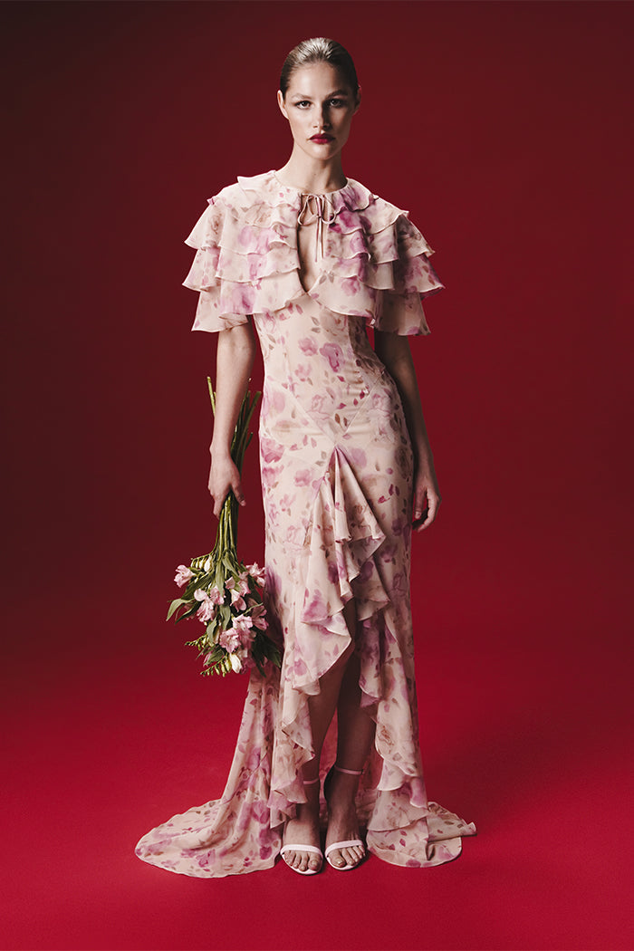 Printed chiffon maxi dress with ruffles and flounces – Rasario