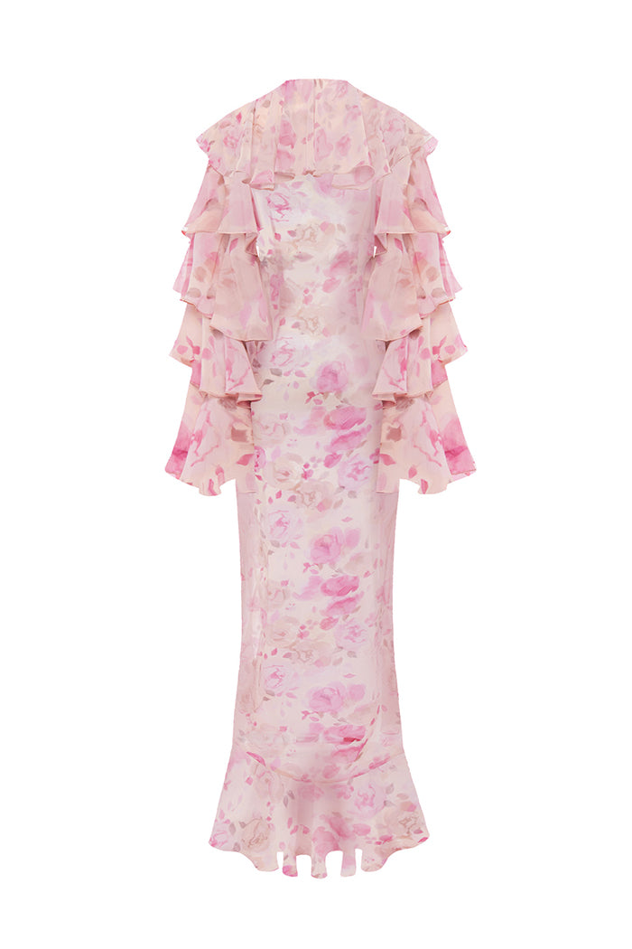 Printed chiffon maxi gown with flounces and ties – Rasario