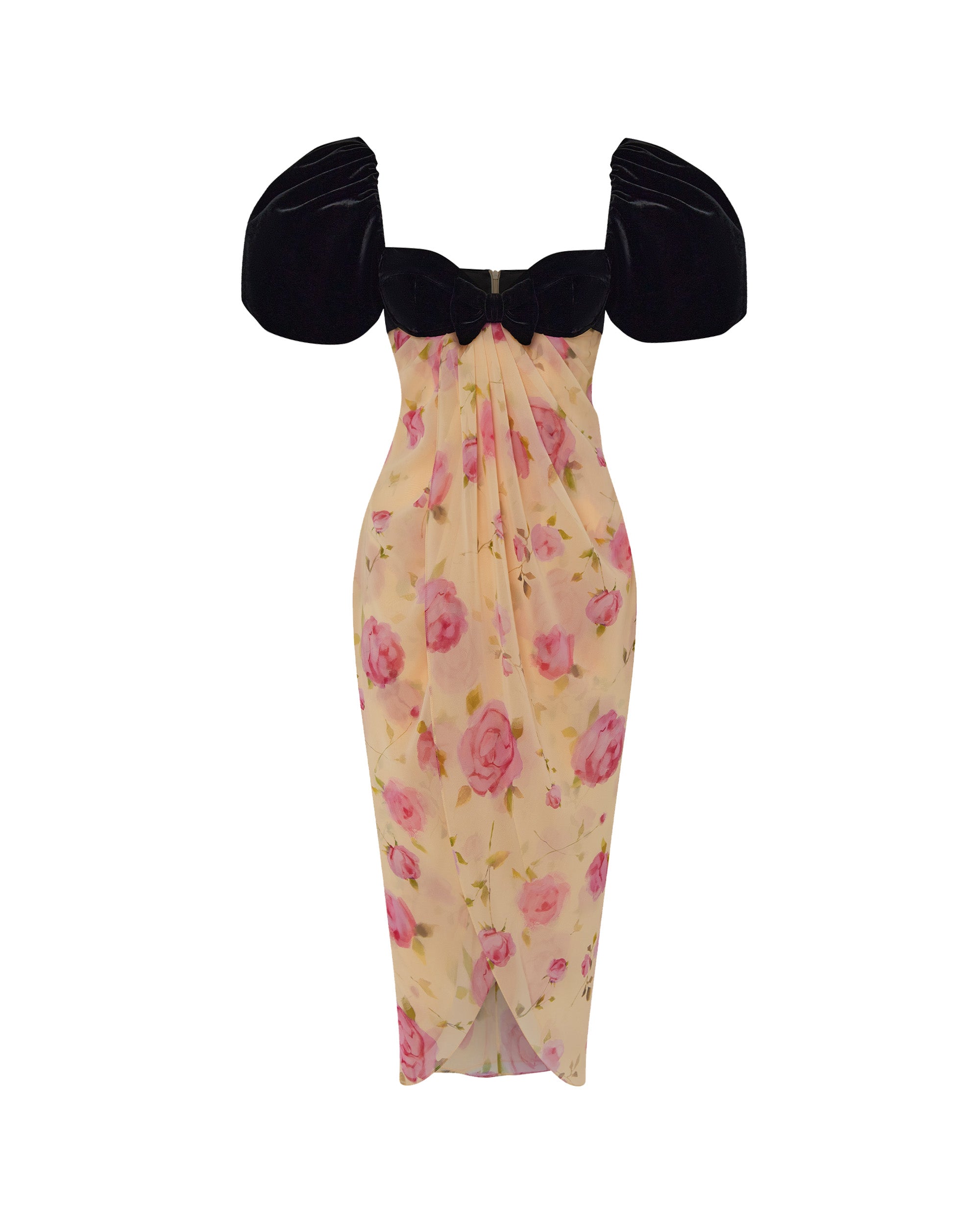 Printed chiffon midi dress with puff sleeves – Color: Yellow/Black – RASARIO Online Boutique 40 (FR) / Yellow/Black