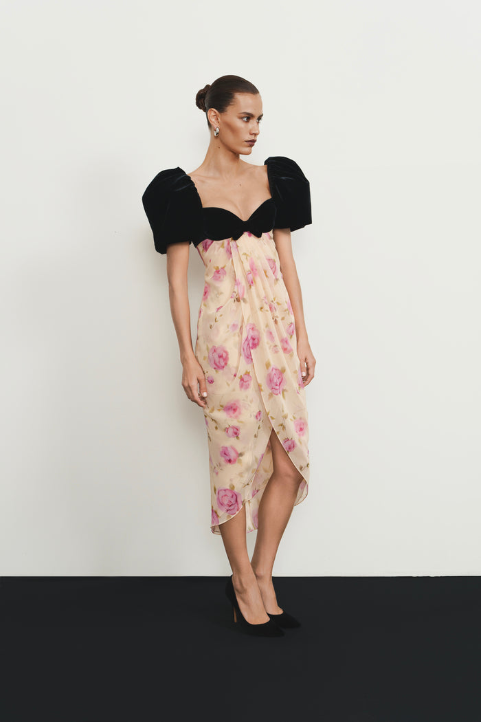Printed chiffon midi dress with puff sleeves – Rasario