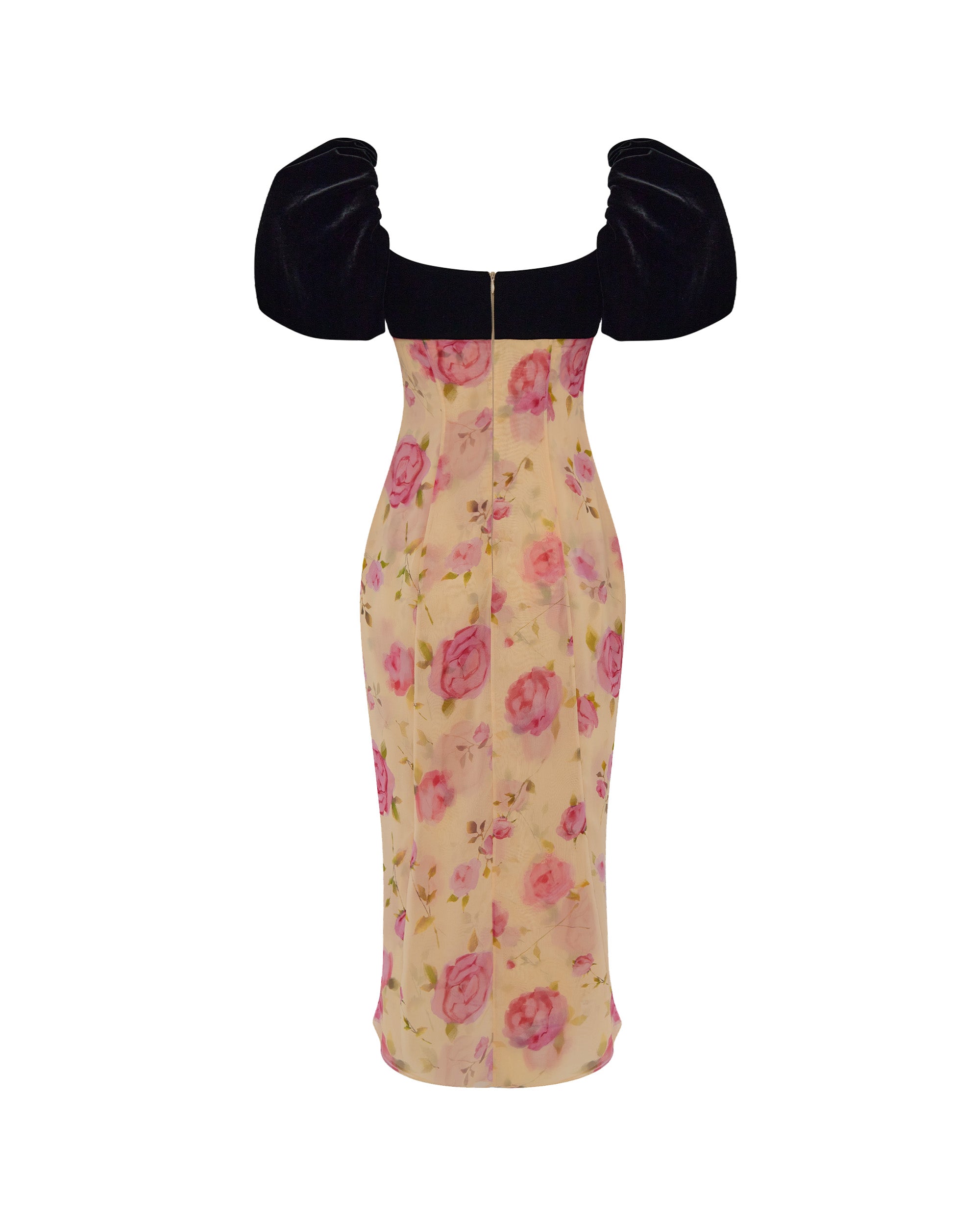 Printed chiffon midi dress with puff sleeves – Rasario