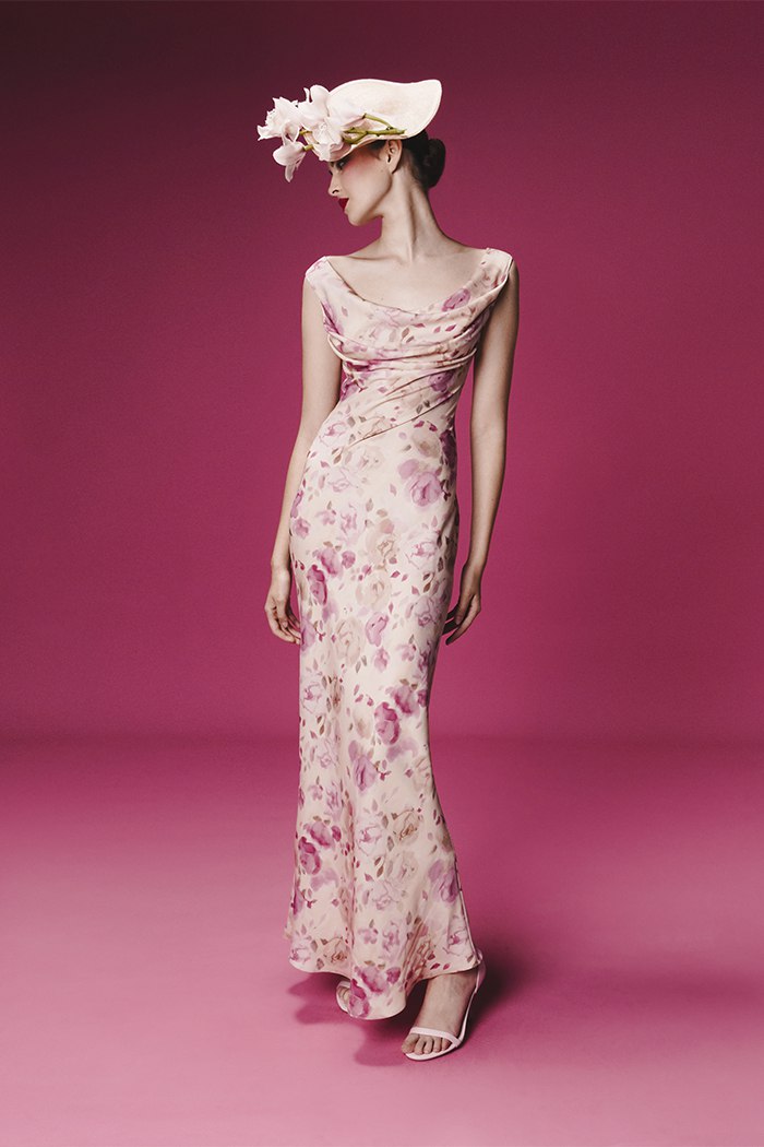Printed satin draped maxi dress – Rasario