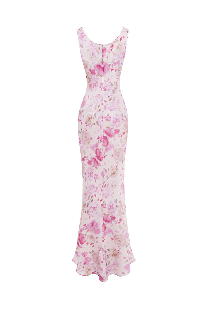 Printed satin draped maxi dress – Rasario
