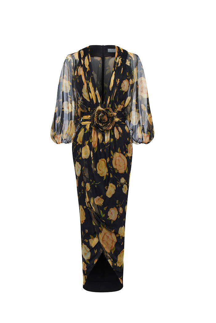 Printed silk chiffon draped midi dress – Color: Black/Yellow – RASARIO Online Boutique 34 (FR) / Black/Yellow