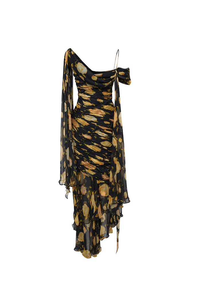 printed silk chiffon dress maxi – Color: Black/Yellow – RASARIO Online Boutique 42 (FR) / Black/Yellow Maxi dress Size:15 US (38 EU) campaign:WCW Fashion Nova Snatched One which cross over the