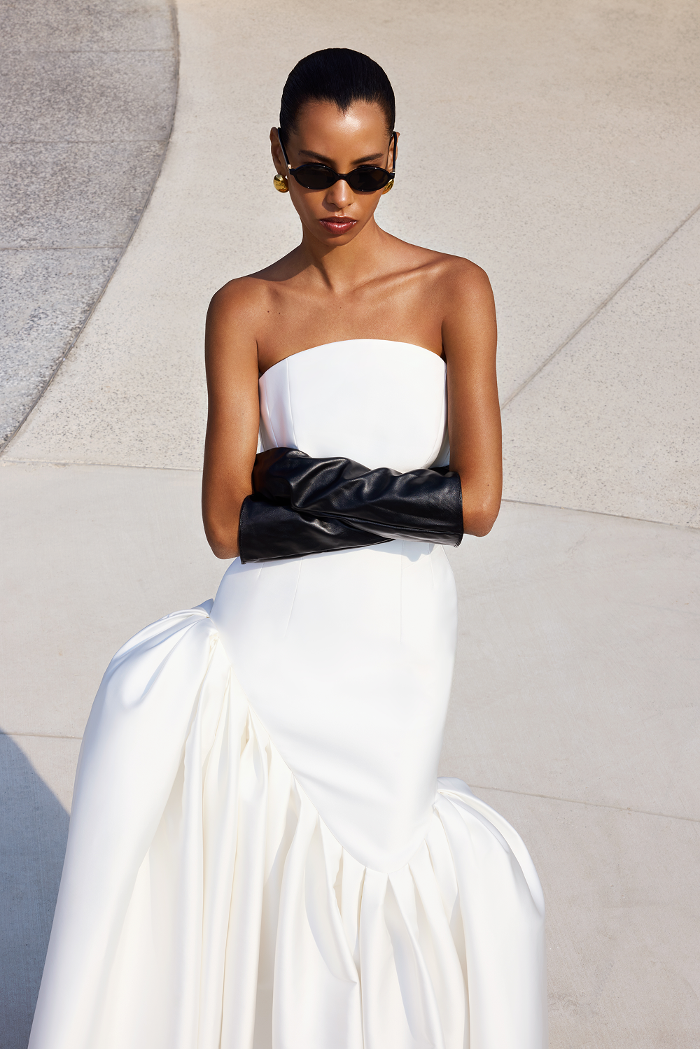 Asymmetric structured satin corset maxi dress