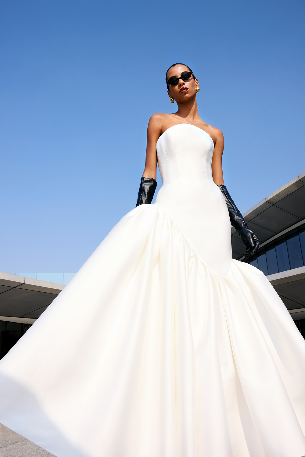 Asymmetric structured satin corset maxi dress