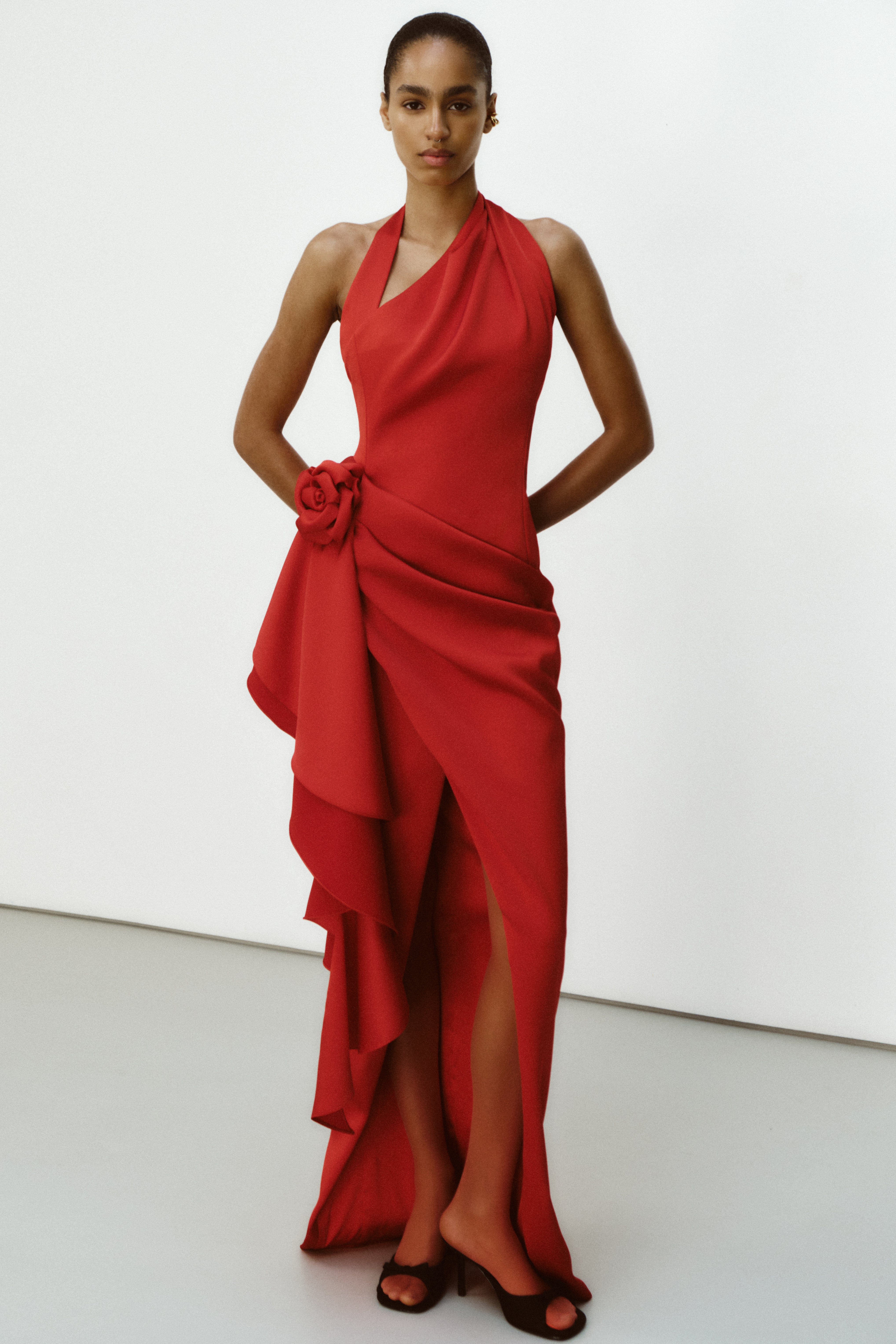 Flower embellished satin maxi dress