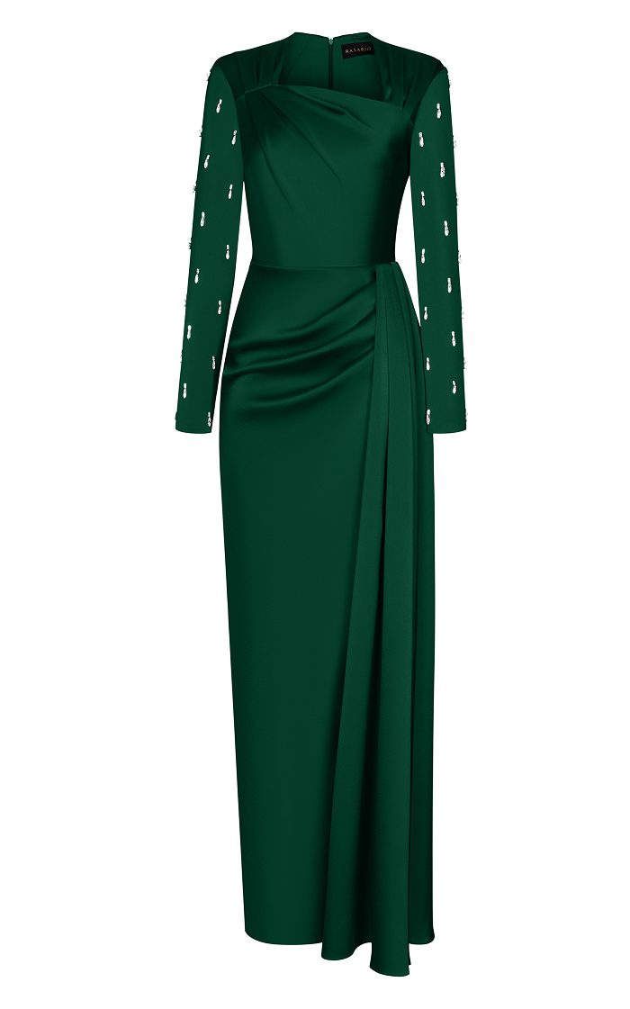 Asymmetric draped satin gown with embroidered sleeves