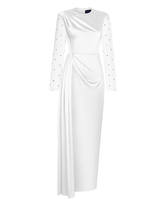 Draped satin gown with embroidered sleeves