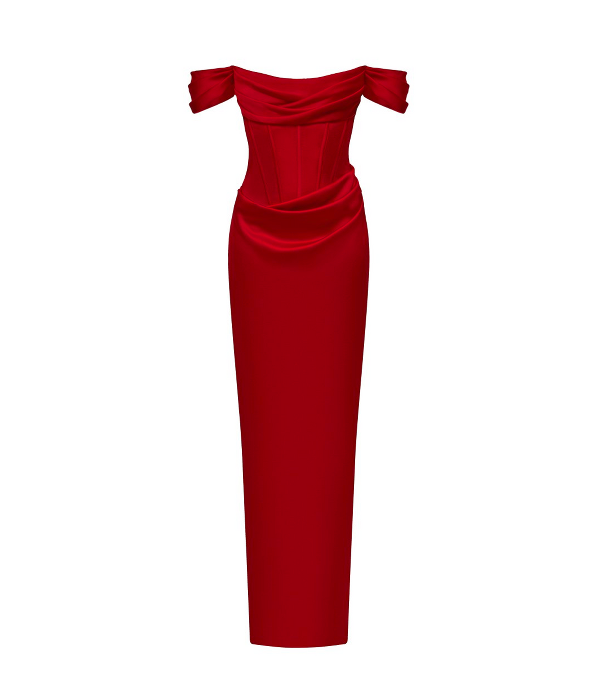 Off-the-shoulder draped corset satin gown