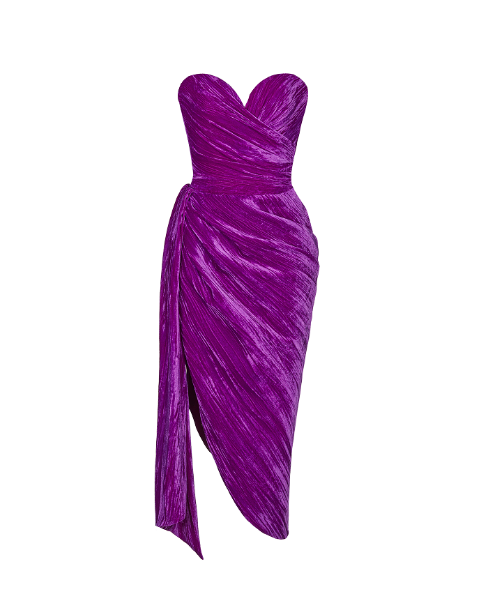 Draped velvet midi dress with train