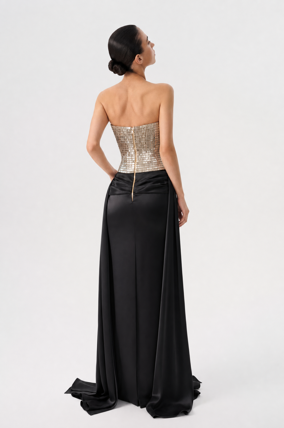 Crystal embellished corset satin gown with a train