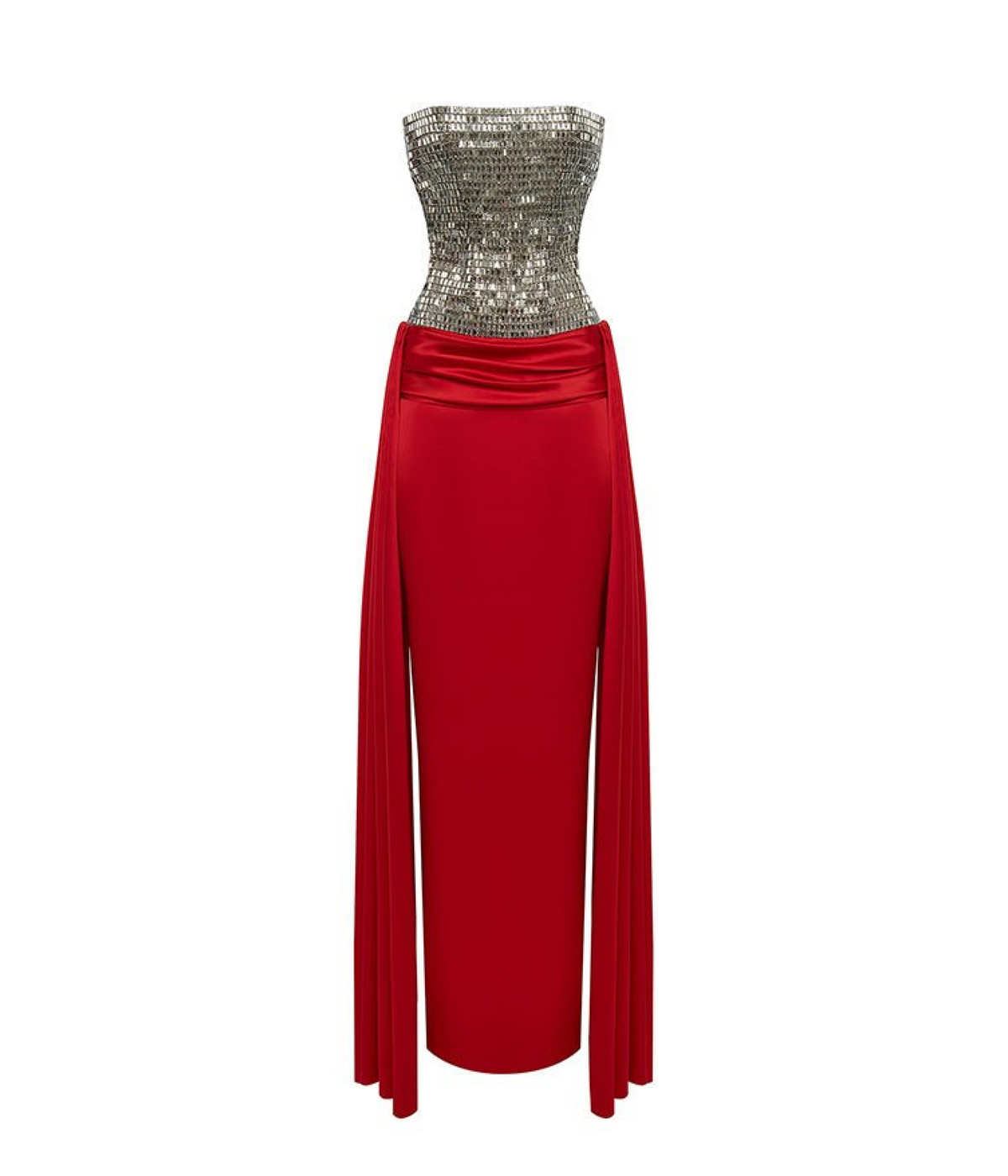 Crystal embellished corset satin dress with a train