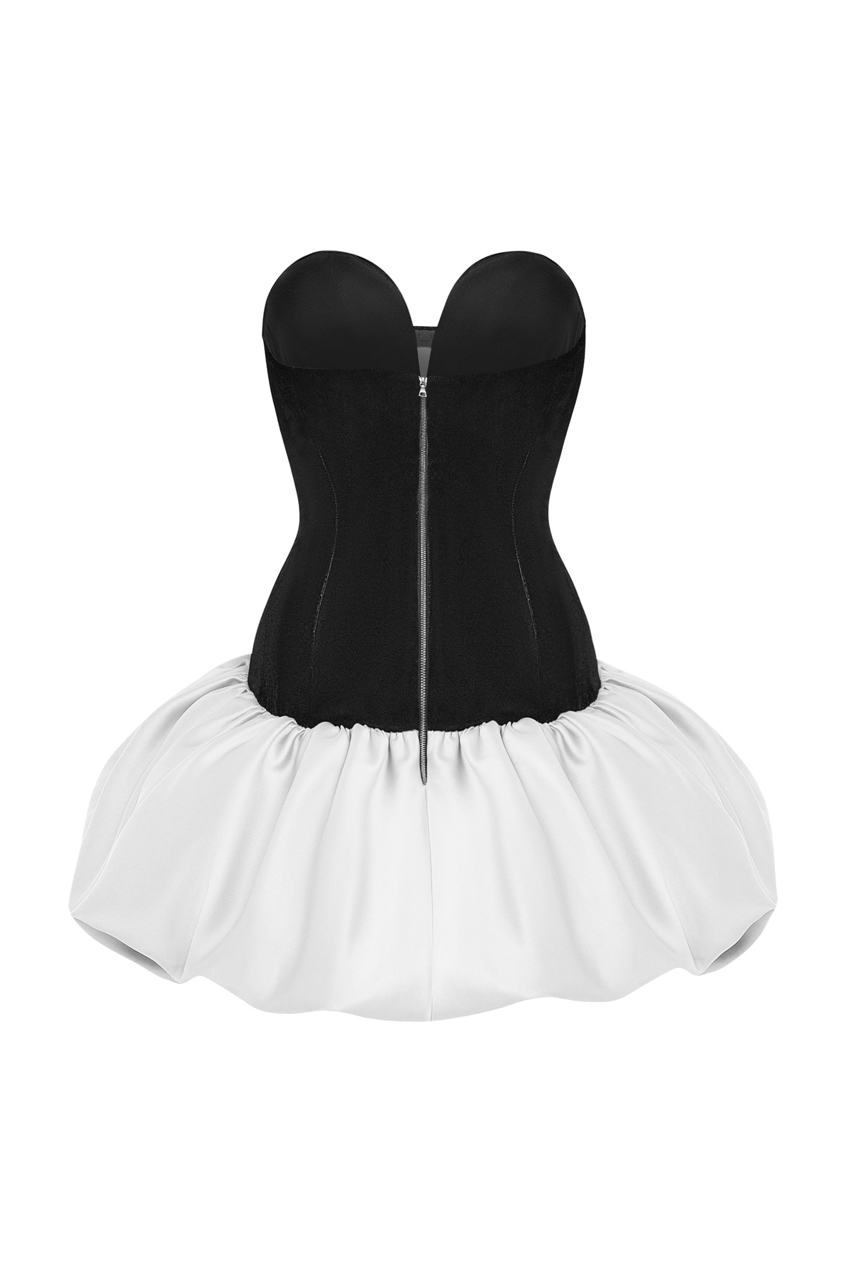 Satin and velvet corset mini dress with voluminous skirt