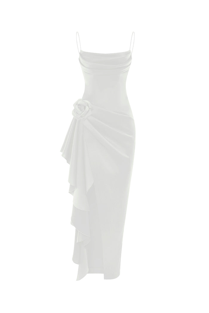 Flower embellished draped satin midi dress