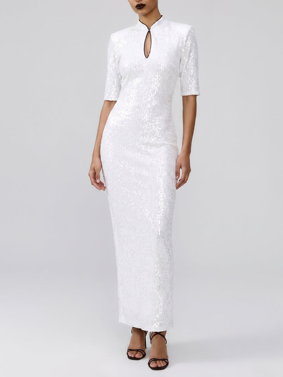 Sequinned long midi dress with an opened back and cutout