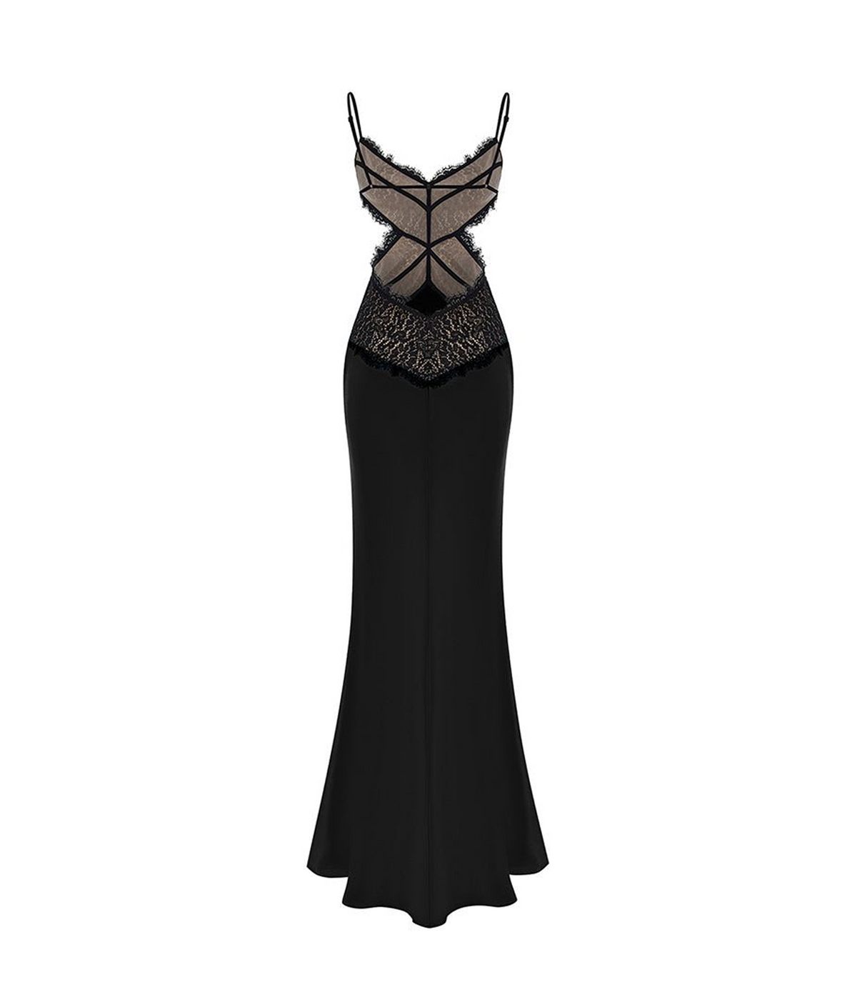 Satin and lace maxi dress with cutouts