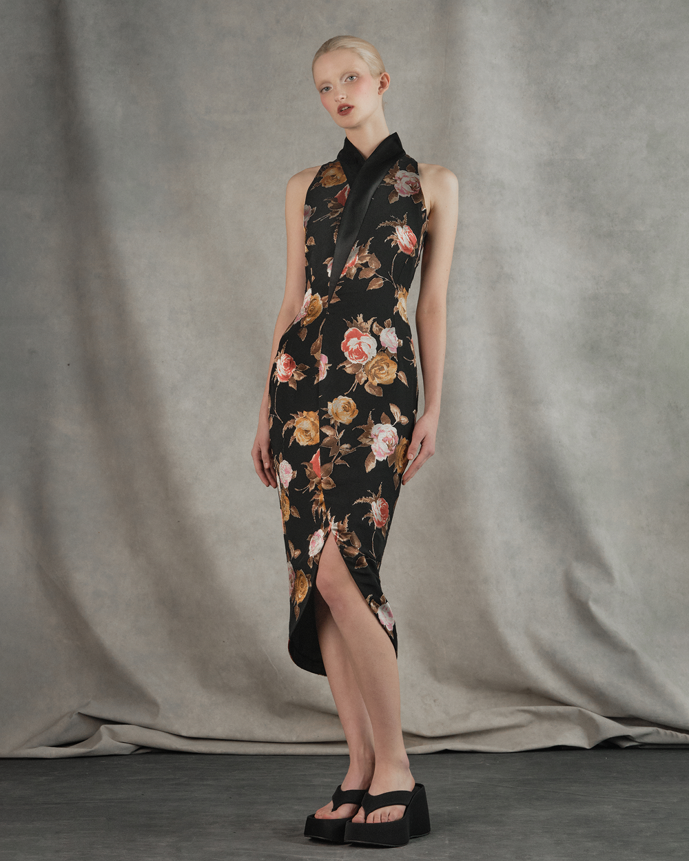 Chiffon-devoré and satin midi dress