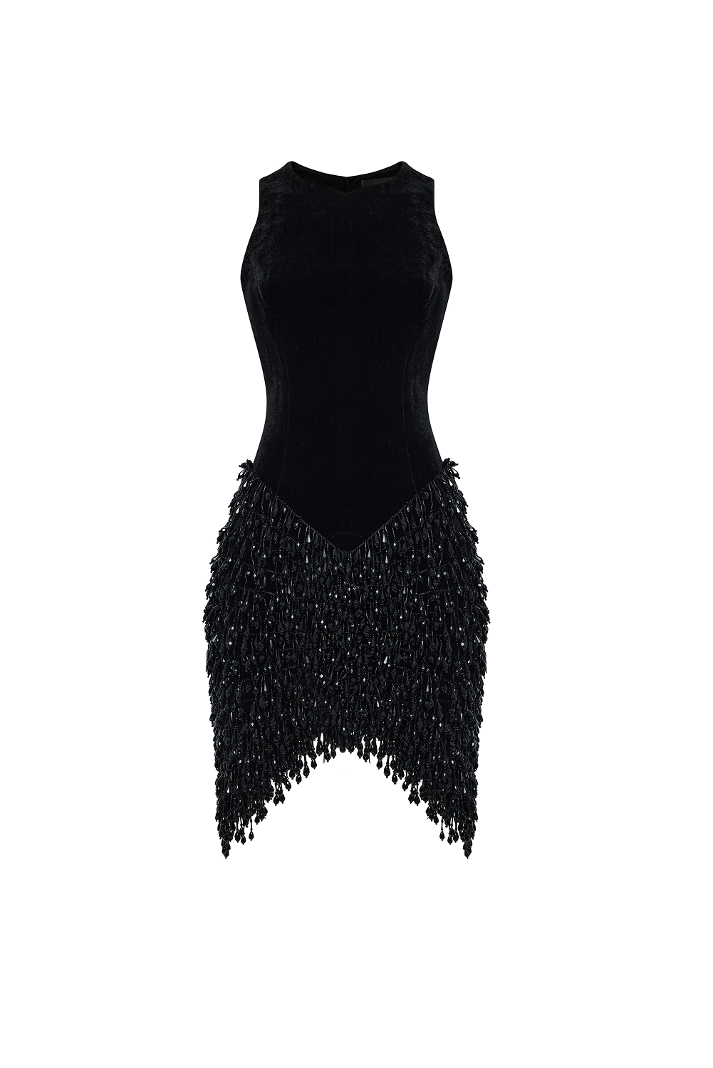 Velvet mini dress with fringe trim