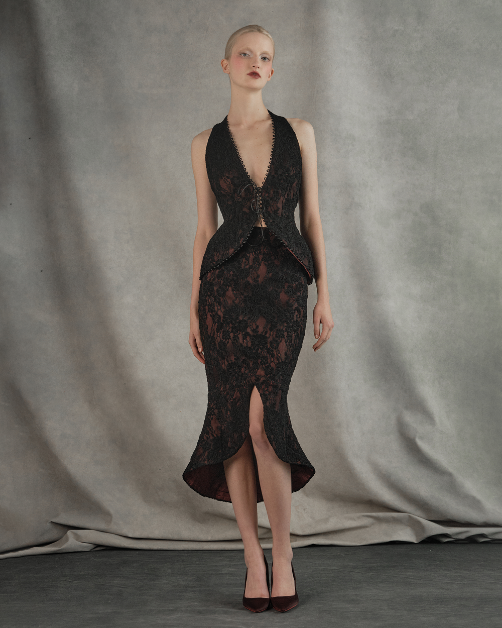Lace and satin midi skirt