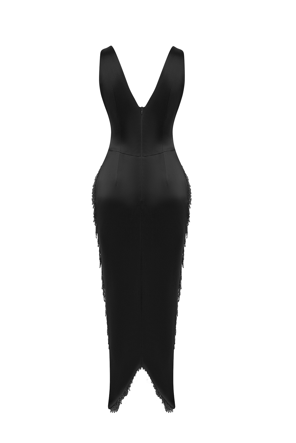Satin midi dress with fringe trim