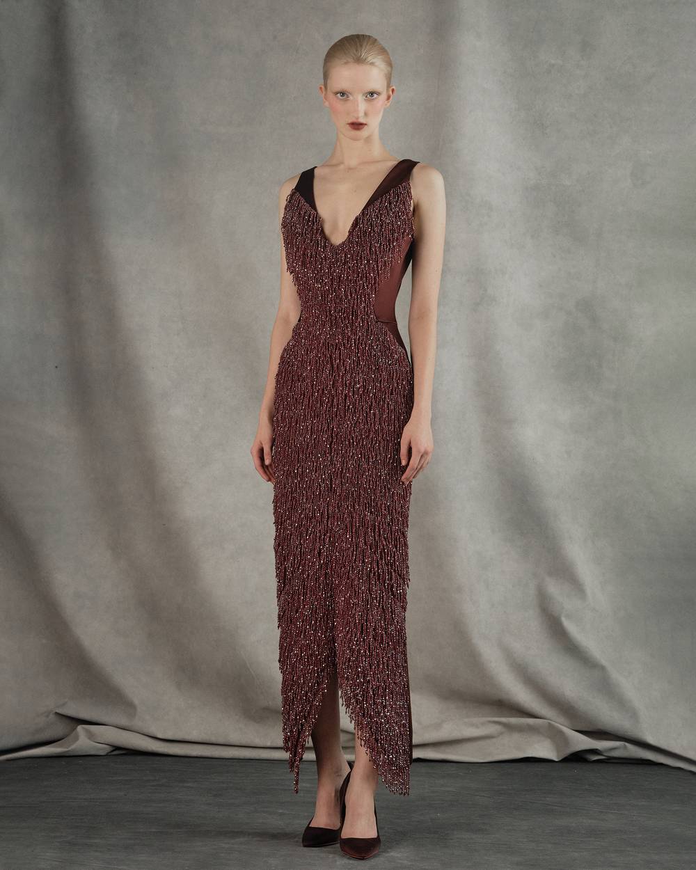 Satin midi dress with fringe trim