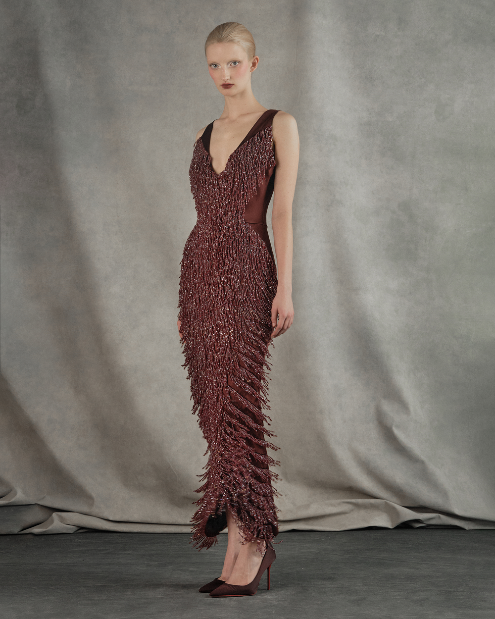 Satin midi dress with fringe trim