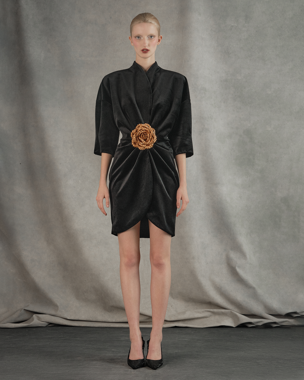 Velvet mini dress with a flower