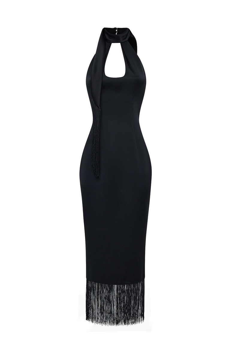 Satin midi dress with fringe trim 42 (FR) / Black