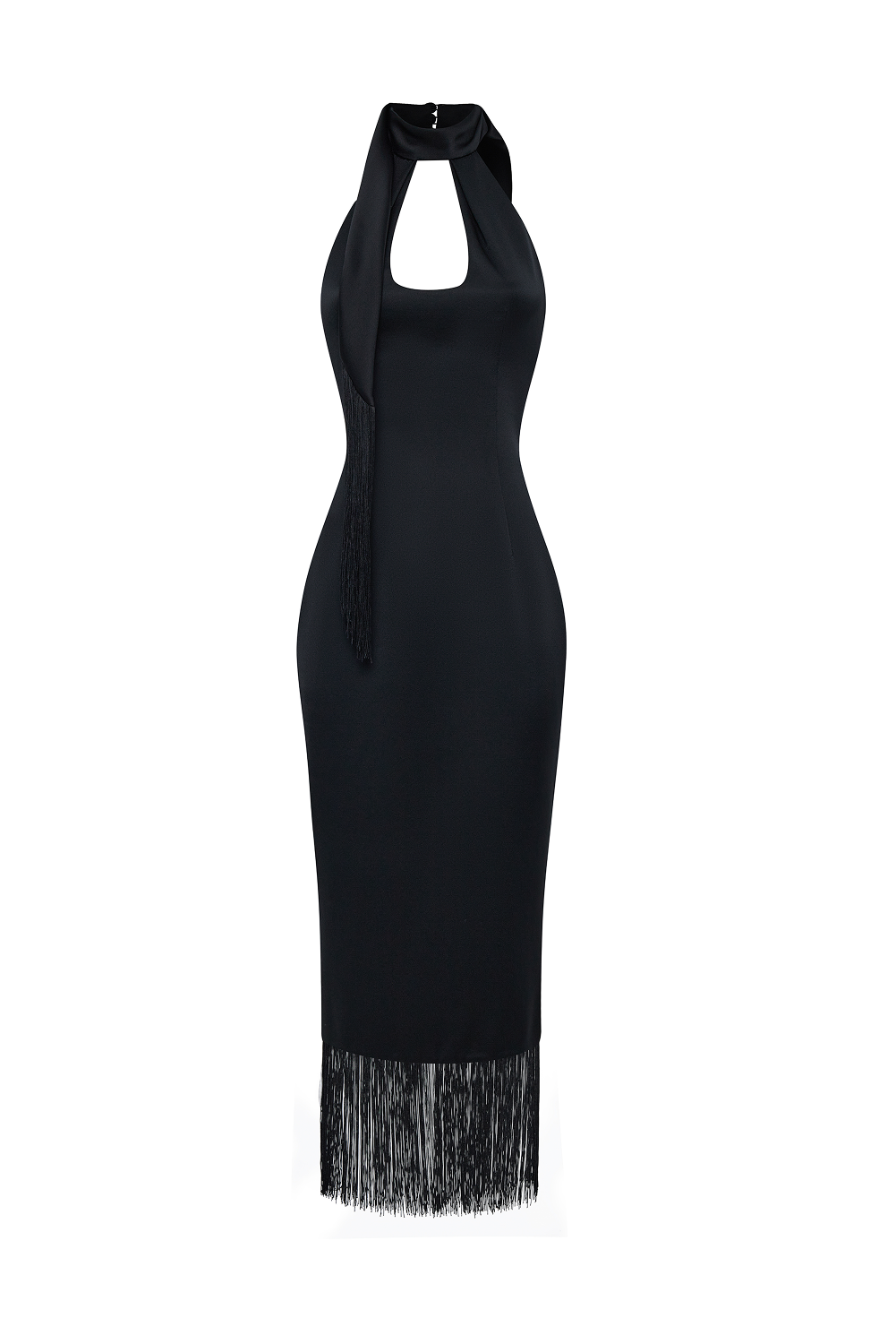 Satin midi dress with fringe trim