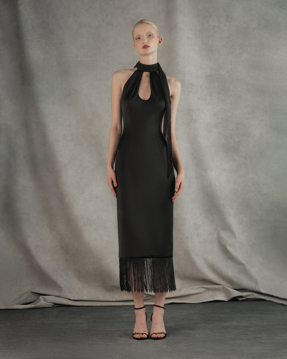 Satin midi dress with fringe trim