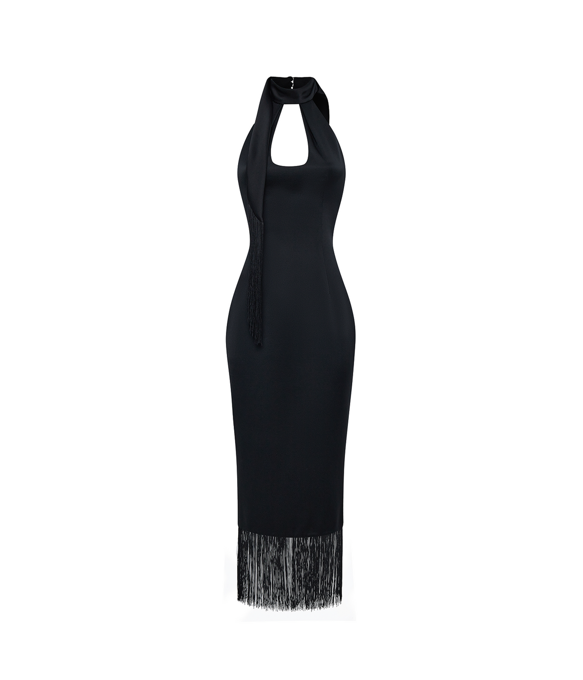 Satin midi dress with fringe trim