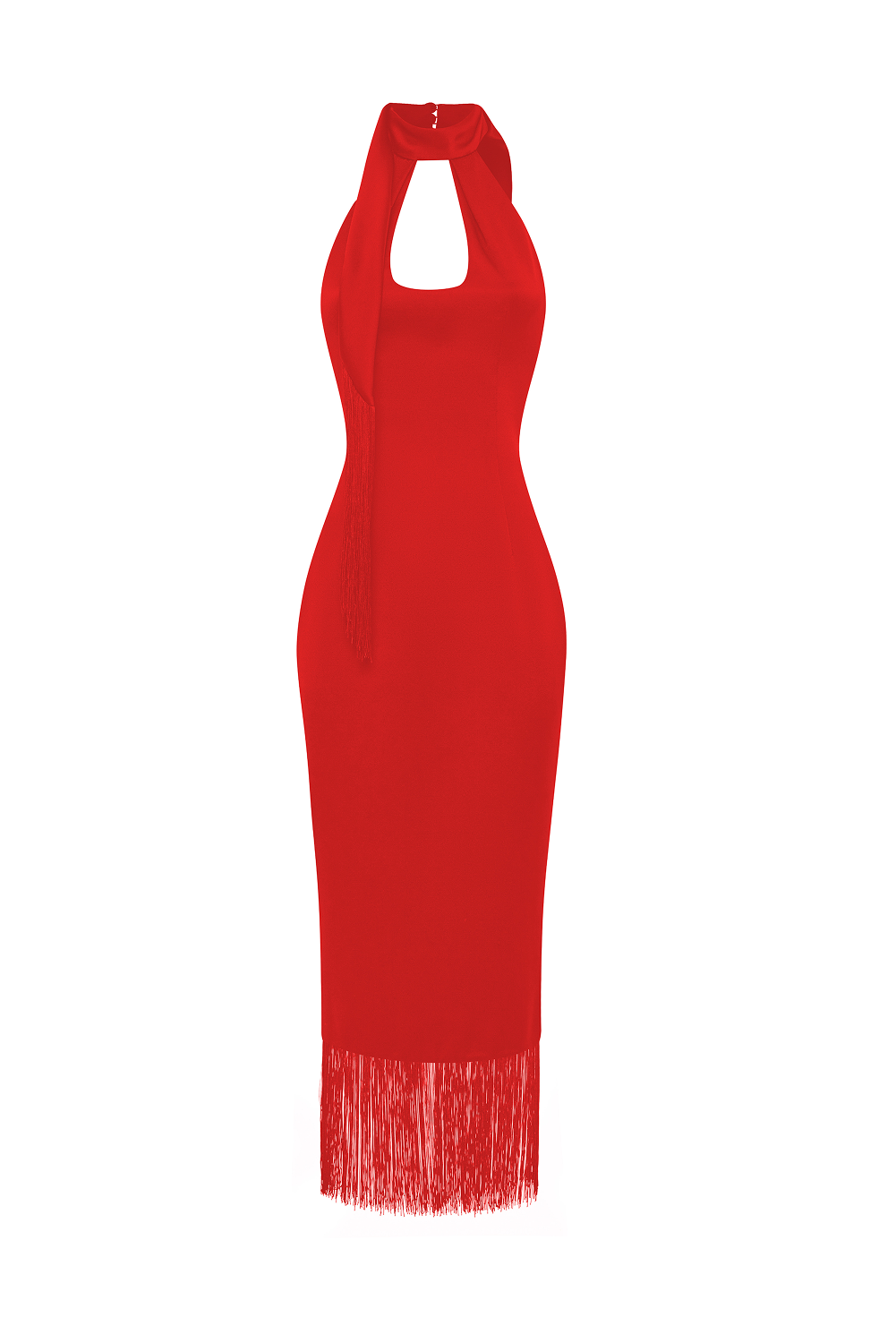 Satin midi dress with fringe trim