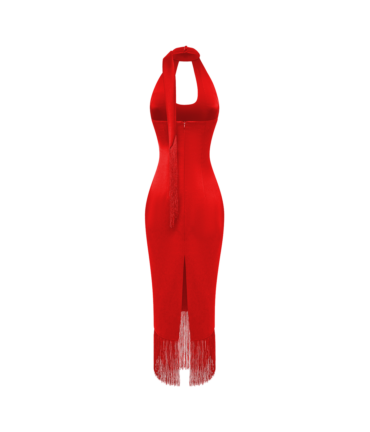 Satin midi dress with fringe trim