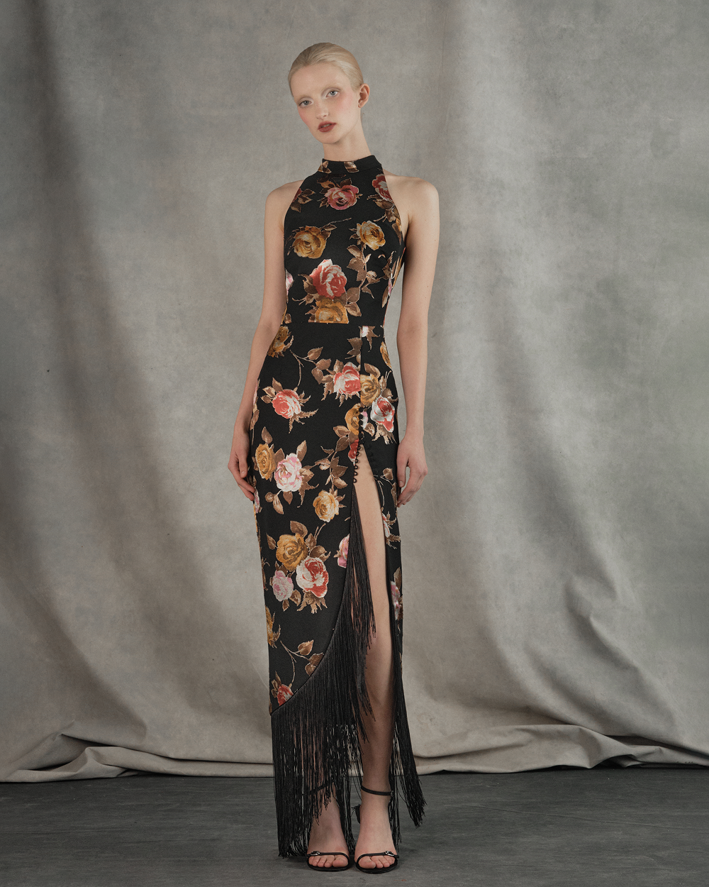 Chiffon-devoré maxi dress with fringe trim