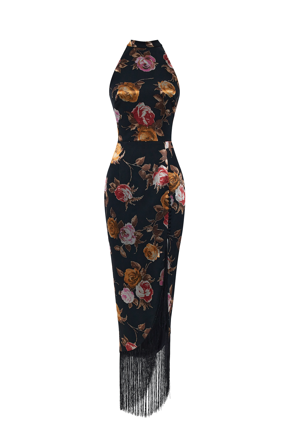 Chiffon-devoré maxi dress with fringe trim