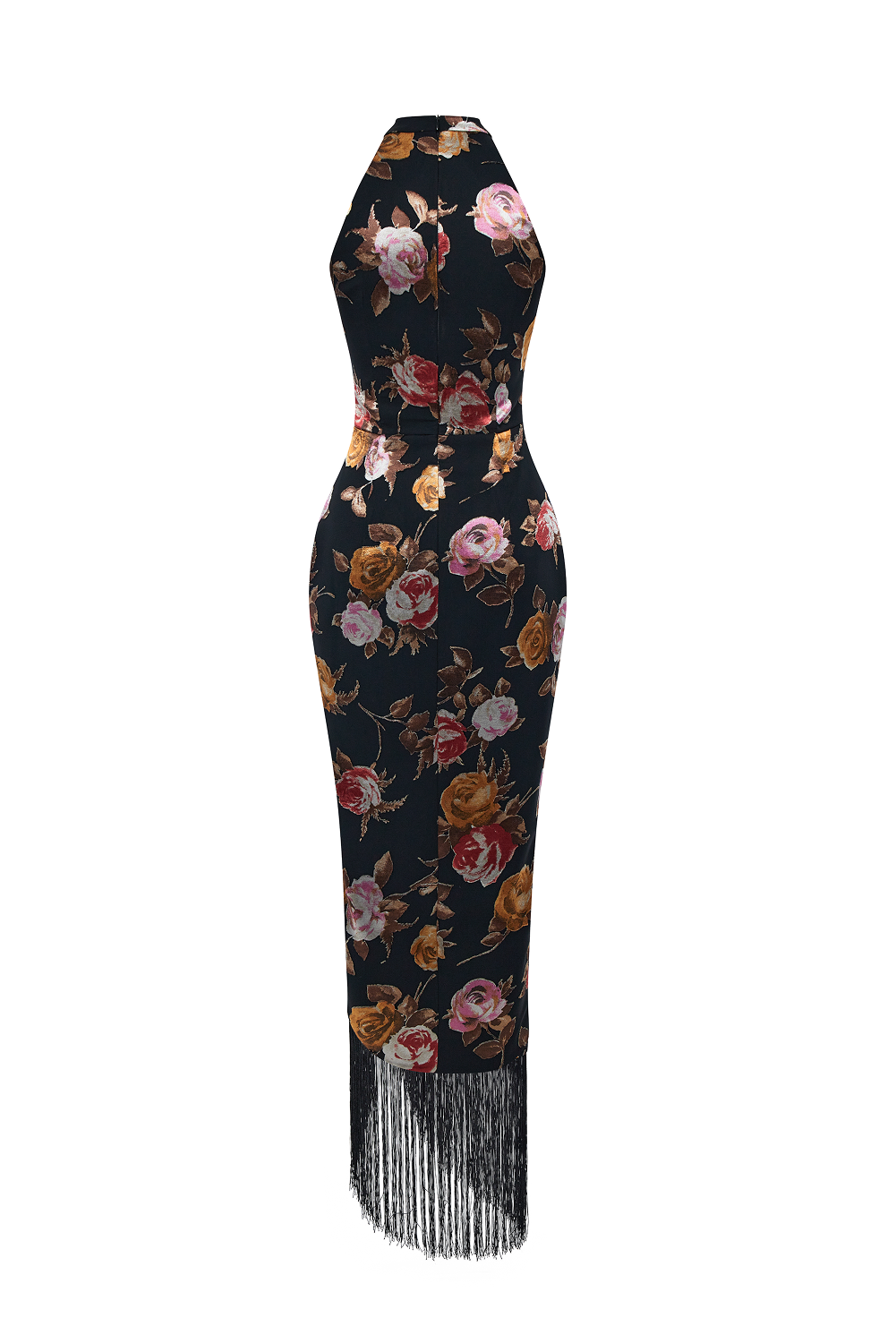 Chiffon-devoré maxi dress with fringe trim