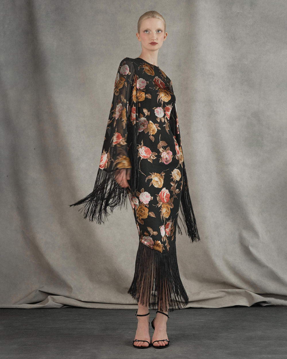 Chiffon-devoré midi dress with fringe trim