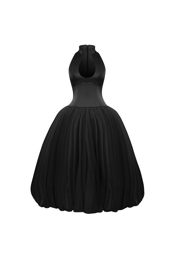 Satin midi dress with a voluminous taffeta skirt