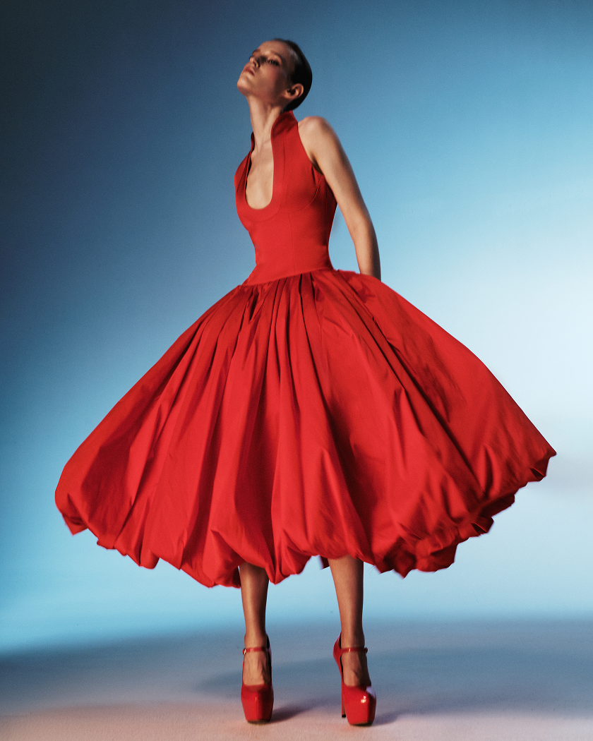 Satin midi dress with a voluminous taffeta skirt