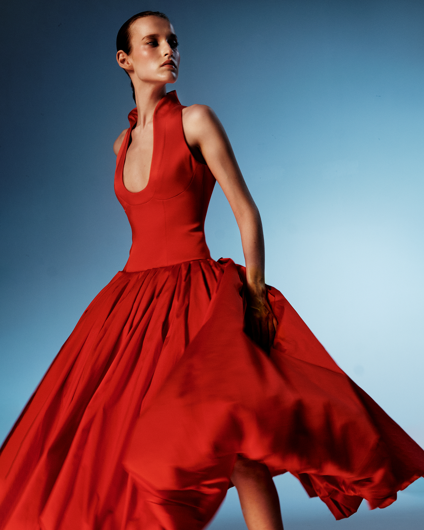 Satin midi dress with a voluminous taffeta skirt