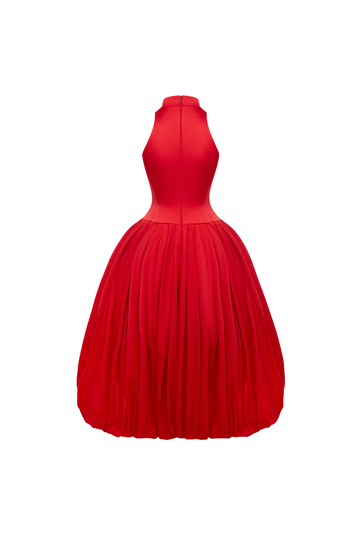Satin midi dress with a voluminous taffeta skirt