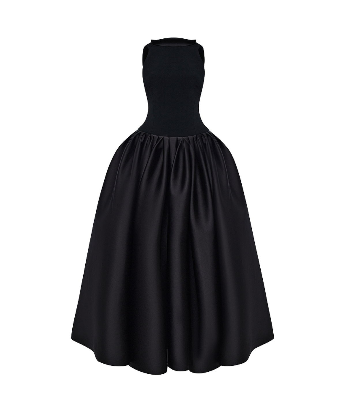 Crepe and satin maxi dress with a voluminous skirt