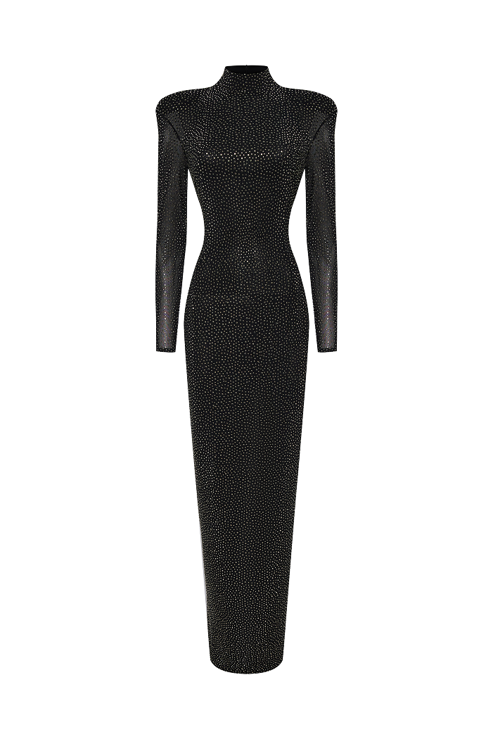 Crystal-embellished mesh maxi dress with voluminous shoulders
