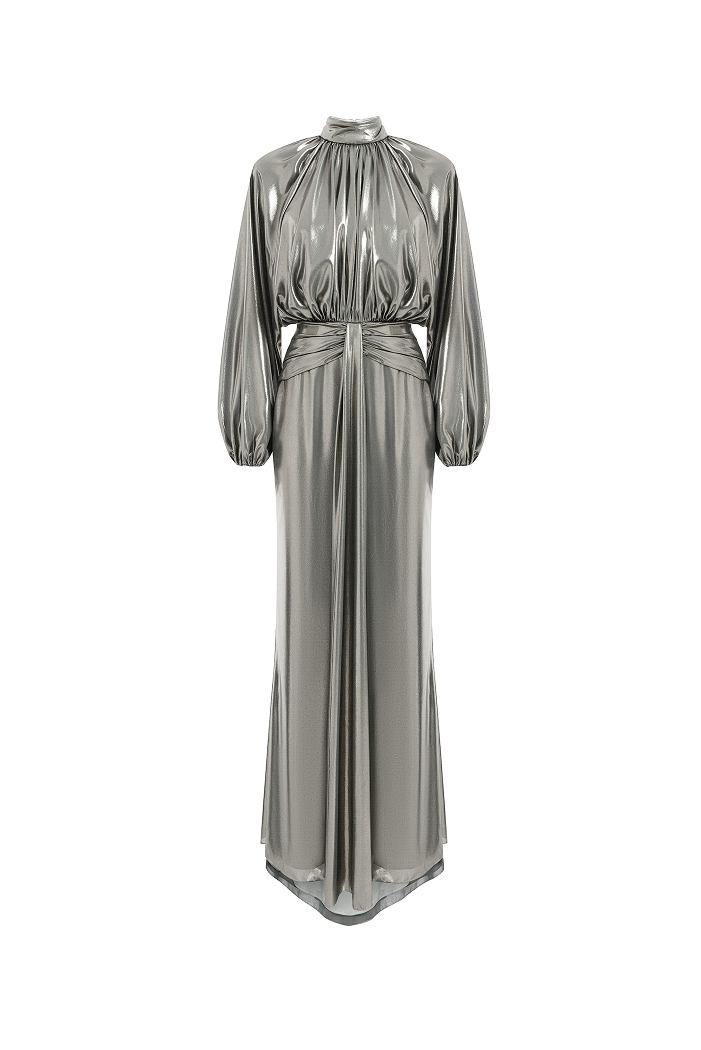 Draped chiffon maxi dress with voluminous shoulders and an open back