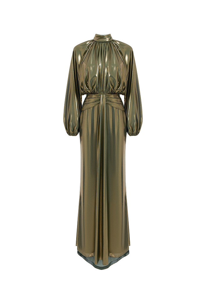 Draped chiffon maxi dress with voluminous shoulders and an open back