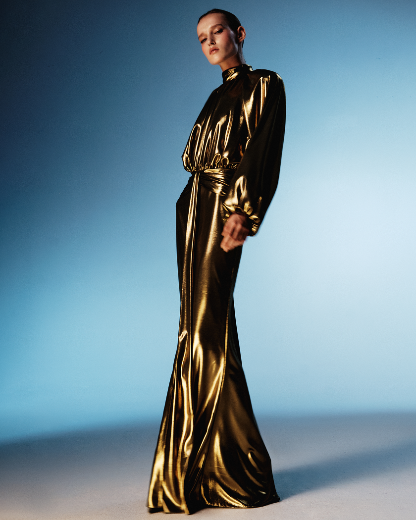Draped chiffon maxi dress with voluminous shoulders and an open back
