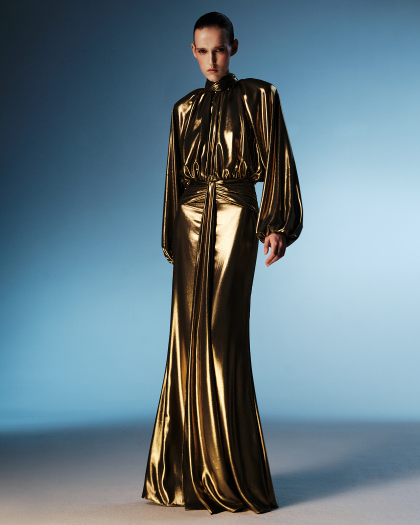 Draped chiffon maxi dress with voluminous shoulders and an open back